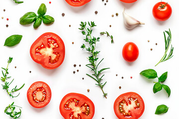 Scattered fresh vegetables and herbs pattern with tomatoes, basil, garlic, and spices on a white background. Perfect for seamless decoration, tile, and ornament design.