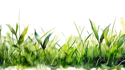 Watercolor painting green grass border isolated on white background