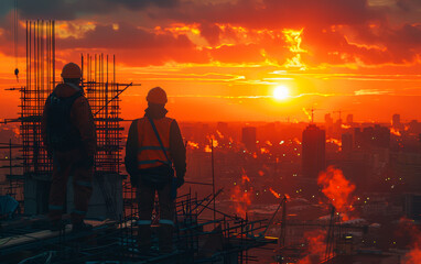 Wall Mural - Two construction workers are standing on the roof of skyscraper at sunset.