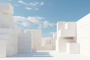 Poster - Minimalistic design of white cubes with a clear blue sky, suitable for modern backgrounds
