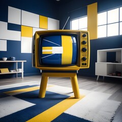 Wall Mural - tv on the wall, Grey living room interior with tv display with soundbar, panoramic window