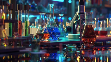 Wall Mural - vibrant science lab environment, close-up of beakers, microscopes, and other tools, showcasing the t