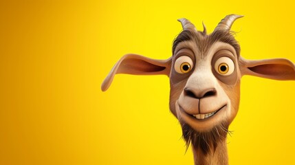 A humorous and vivid depiction of a cartoon goat with wide, surprised eyes and floppy ears, set against a vibrant yellow background.