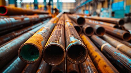 Wall Mural - Vibrant and textured steel pipes stacked in a warehouse, detailed focus, capturing the industrial ambiance with clarity