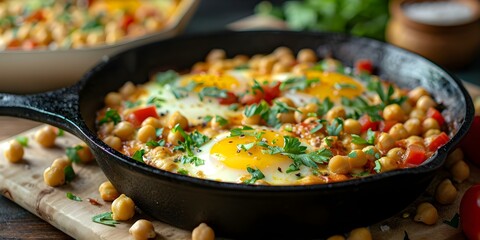 Wall Mural - Chickpea shakshuka cooked in cast iron skillet for a flavorful meal. Concept Shakshuka Recipe, Chickpea Dishes, Cast Iron Cooking, Flavorful Meal