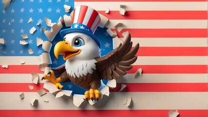 3d cute american eagle, 4th of July poster peeking out of a hole in the wall, jumps out of a torn hole