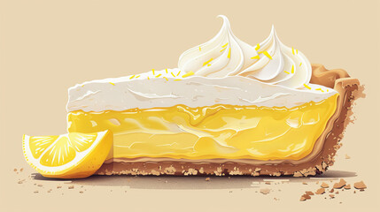 Delicious slice of lemon meringue pie with a crispy crust, creamy lemon filling, and fluffy meringue topping against a beige background.