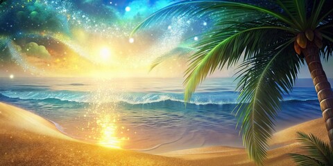 Sunny abstract seascape with sand, palm leaves, and glittering ocean 