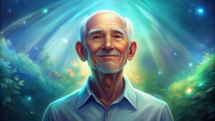 Wall Mural - An elderly man surrounded by nature, radiating happiness and contentment, with plenty of space for text or graphics 