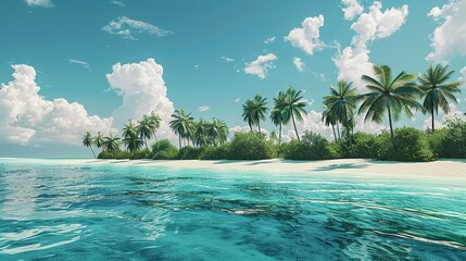 Wall Mural - This is a beach scene. There are palm trees, white sand, blue water, and a blue sky with white clouds.

