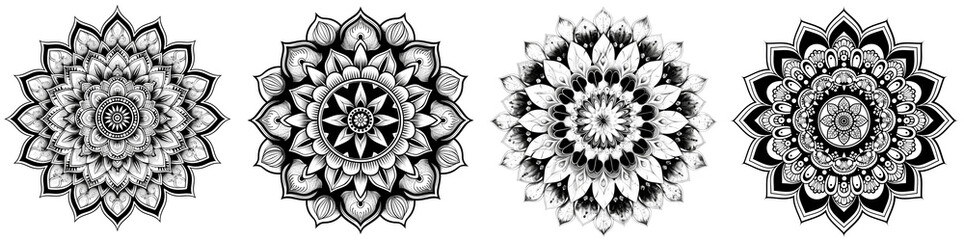 Intricate black and white mandala designs isolated on transparent background decorative patterns
