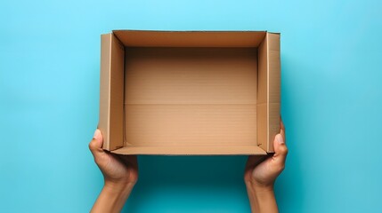 A person holding out an empty cardboard box against blue background, top view.
