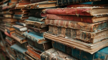 Wall Mural - A close-up photo of a stack of old books with worn covers, hinting at the vast knowledge and stories they hold.