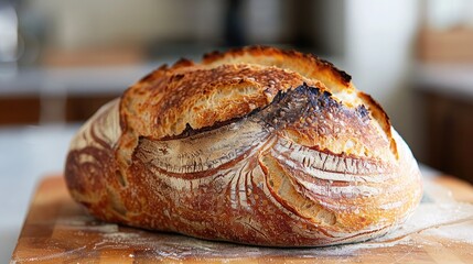 Wall Mural - rustic loaf of sourdough bread with a crusty exterior and soft, airy interior