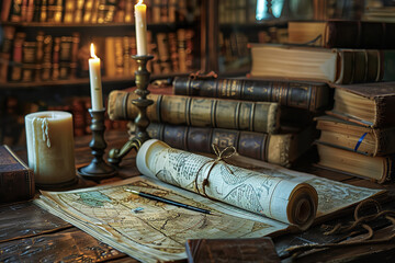 Poster - Renaissance Scholar's Room with Vintage Maps and Candlelight