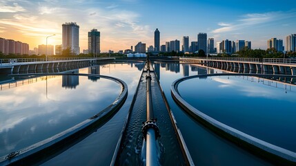 A water treatment plant with large circular tanks and long pipes, surrounded by city buildings in the background.
