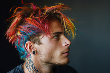 Informal man with piercings and rainbow dyed hair