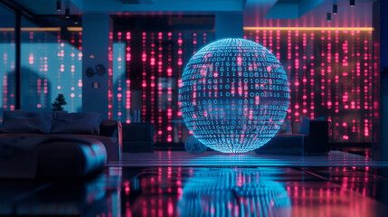 Poster - futuristic digital technology background with a virtual sphere of binary codes in a futuristic techn