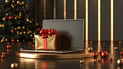 Wall Mural - A gold podium with a silver macbook on it. There are red and gold balls floating around and a red gift box is popping out of the screen.

