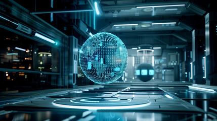Poster - futuristic digital technology background with a virtual sphere of binary codes in a futuristic technology room, modern cyber tech wallpaper, internet data 