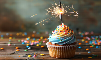 Wall Mural - Celebratory Blue Frosted Cupcake with a Lit Sparkler, Colorful Sprinkles, and Wooden Table Background, Ideal for Birthday and Party Themes