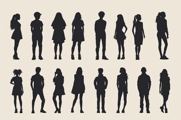 Youth silhouettes: adolescent girls and boys sketches, female and male figures shadows, teenagers profiles in black etchings on white