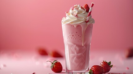 Wall Mural - A glass of strawberry milkshake with whipped cream and strawberry slices on top, against a pink background.

