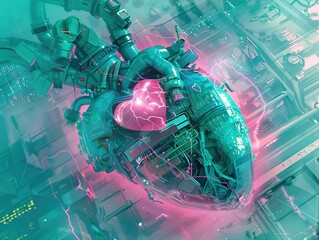 Wall Mural - Electrocardiogram in a cyberpunk style with light blue-green and pink hues, tilted from bottom left to top right. Futuristic technology illustration with pink heart-shaped elements