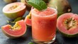 © Paul - Close-up shot of guava juice filling a glass, isolated background, studio lighting
