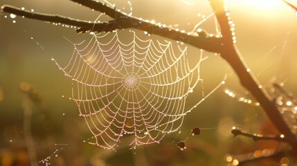 Spider hanging on cobweb with dew drops, sunbeam and tree branches in macro shot