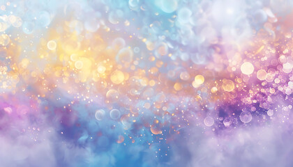 Poster - Abstract background with a dreamy bokeh effect in pastel colors, featuring soft light spots in shades of purple, blue, gold, yellow, white, silver, and pink, creating a whimsical and calming visual