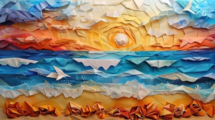 Wall Mural - A sunset over the ocean. The sky is a bright orange and yellow, and the sun is setting over the horizon. The ocean is a deep blue and green, with white waves crashing on the shore.