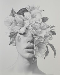 Wall Mural - Black and white portrait of a woman with floral headpiece and flowers in her hair, artistic drawing concept