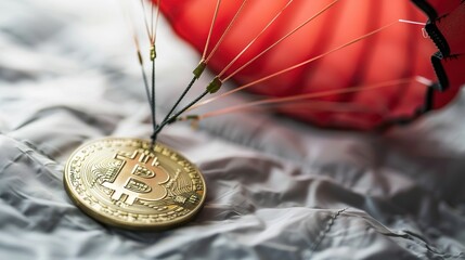Wall Mural - A gold Bitcoin coin with a red and white parachute attached to it.

