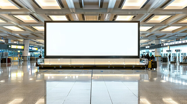 large rectangular blank billboard positioned above an airport baggage claim, high-resolution.