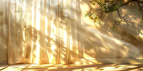 Wall Mural - Sunlight casting shadows on beige wall with curtains in a D render. Concept 3D Rendering, Sunlight and Shadows, Beige Wall, Curtains, Interior Design