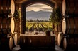 © juliars - Picturesque vineyard landscape seen through the doorway of a rustic wine cellar with barrels