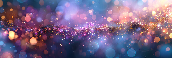 Poster - colored abstract background with a bokeh effect, featuring soft, out-of-focus light spots in hues of purple, blue, gold, yellow, white, silver, and pink, evoking a dreamy and calming feel
