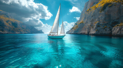 Wall Mural - A white sailing yacht on turquoise, blue, clear water