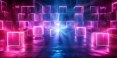 Wall Mural - Neon cubes in a grid emitting vibrant light in all directions. Concept Neon, Cubes, Grid, Vibrant Light, Directions