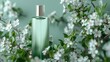 © Paul - Close-up of a blank green bottle with elegant white cosmetic bottle mock up, surrounded by spring blossoms, isolated background, studio lighting