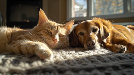 Wall Mural - A cat and a dog are laying on a rug in a living room