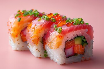 Wall Mural - A single sushi roll with tuna and wasabi, placed on a pink background