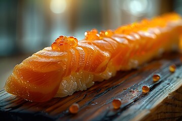 Wall Mural - A single sushi, slightly pink in color with an orange sheen on the surface,