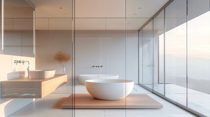 minimalist bathroom with an all-glass exterior wall, a freestanding tub placed strategically for privacy and views, and a floating wooden vanity