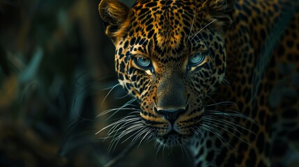 Wall Mural - macroshot, close up of leopard , in dark,