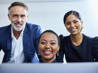 Poster - Portrait, team and business people in office for collaboration, feedback or planning project together. Admin, diversity and employees with smile for teamwork, review proposal or consulting agency