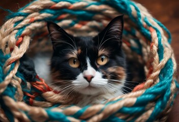 Wall Mural - Cat lounging in a yarn bowl surrounded by rope, on a wooden table, AI-generated.