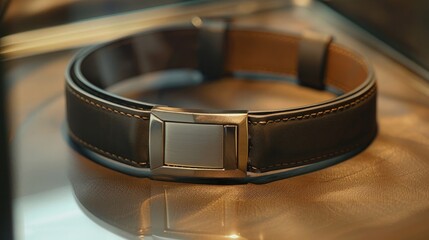 A sleek, leather belt with a unique buckle design, adding flair to any outfit.