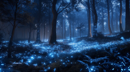 Wall Mural - Bioluminescent Forests - Enchanted forests with glowing plants and creatures.